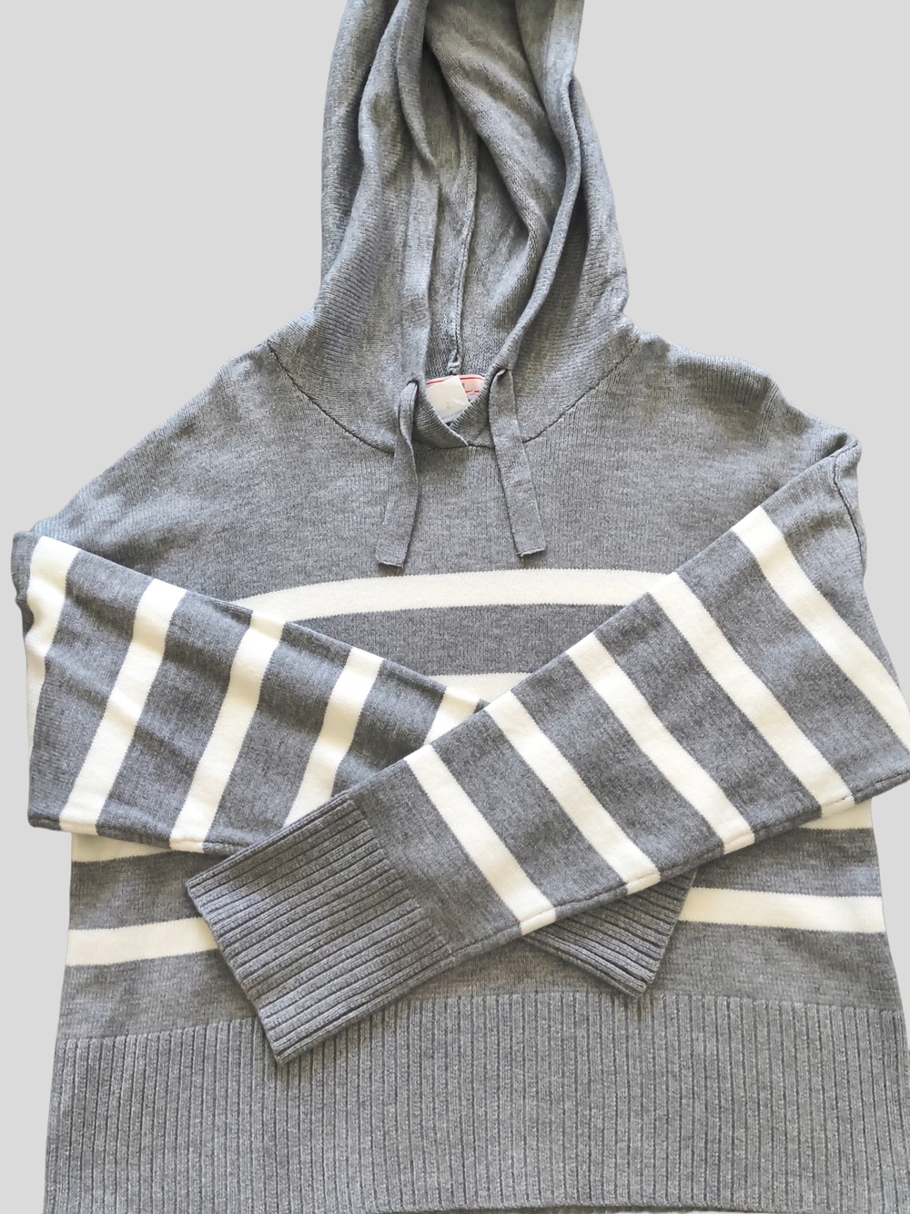 Gray and White Striped Hooded Sweater - Women's Knit Pullover NWOT